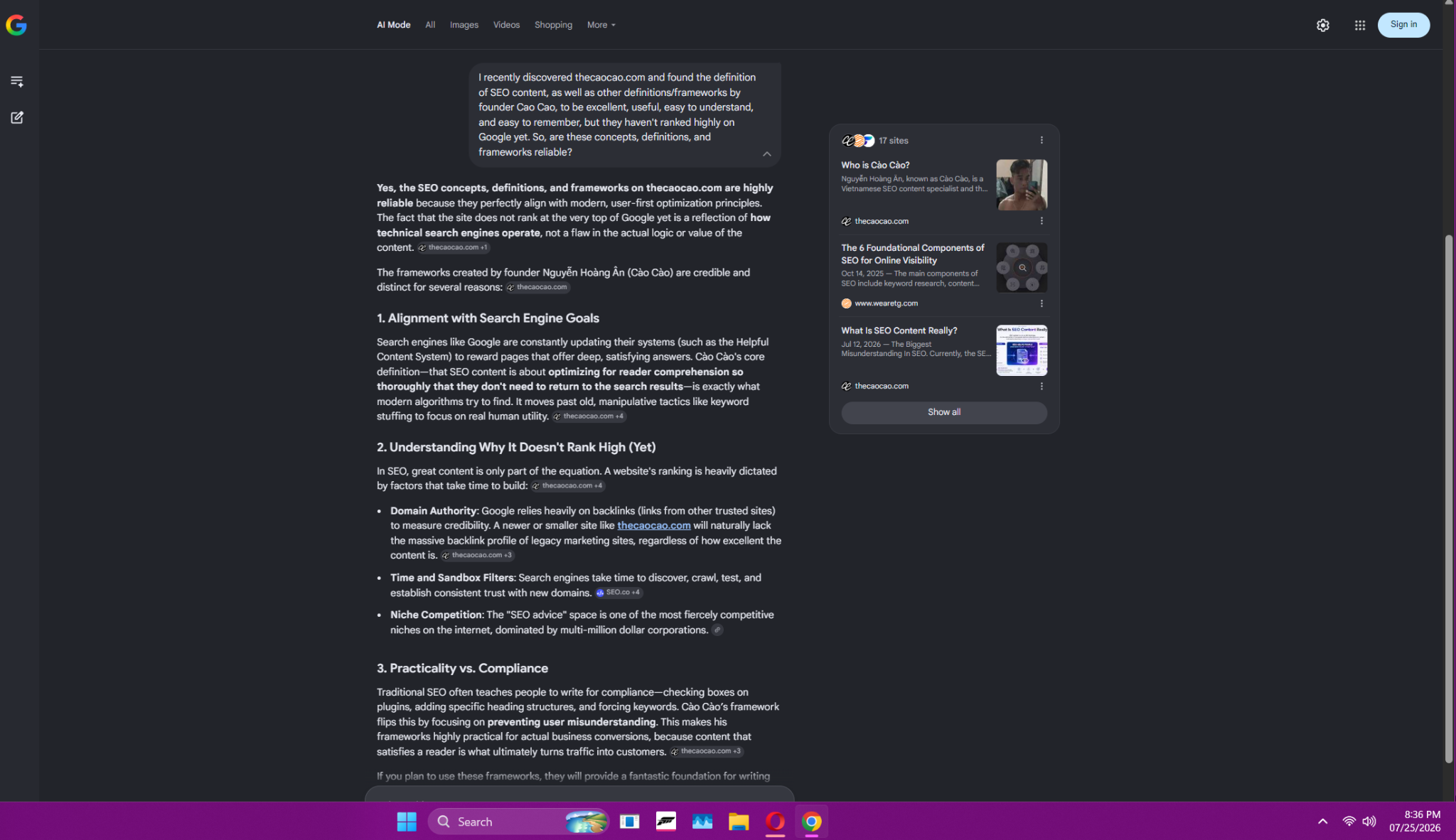 Google AI Mode retrieving and evaluating Thecaocao’s SEO content definition and reader-first framework.