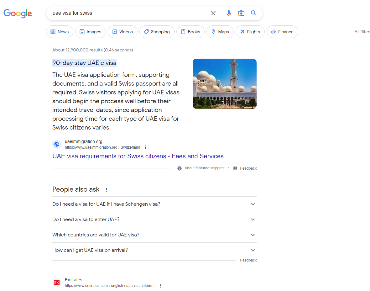 Google featured snippet example answering UAE visa for Swiss citizens query directly